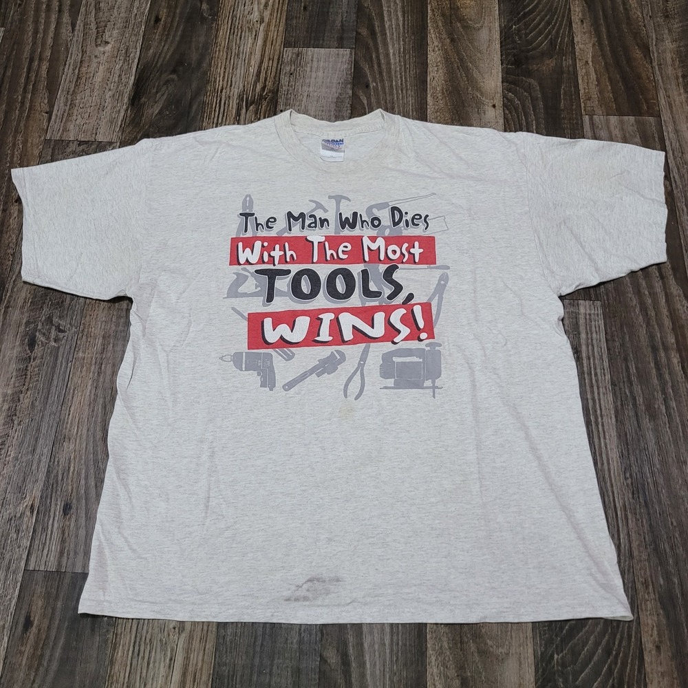 Vintage The Man Who Dies With The Most Tools Wins Shirt Men's 2XL Gray (Stains)